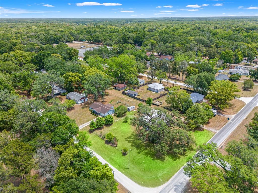 An aerial view shows several houses situated on a large, tree-filled lot near a road — 16119 WILSON BOULEVARD, BROOKSVILLE, FL