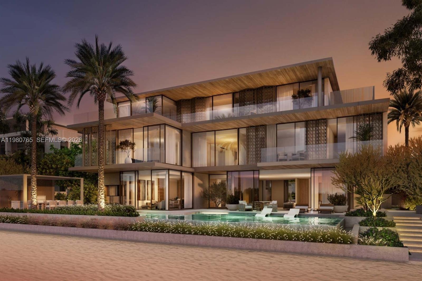 This architectural rendering shows a modern three-story luxury villa with a pool at dusk — 501 East Crescent Road, Dubai, FL
