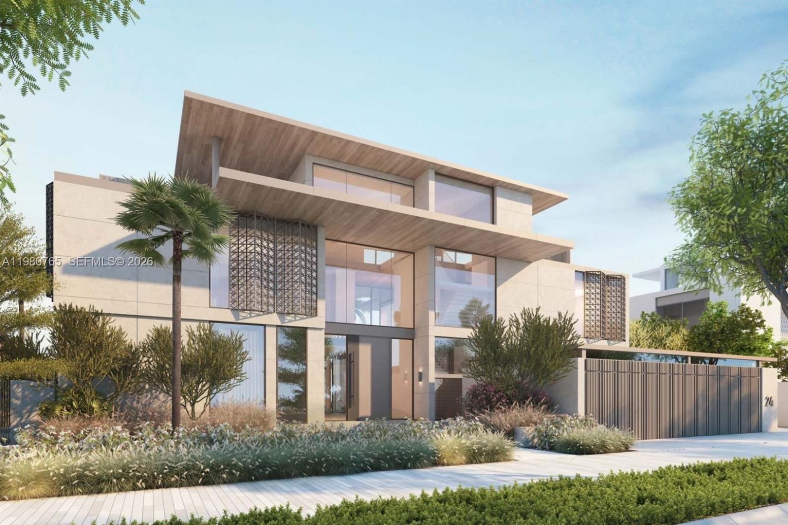 This is a rendering of a modern two-story house with a flat roof and glass facade — 501 East Crescent Road, Dubai, FL