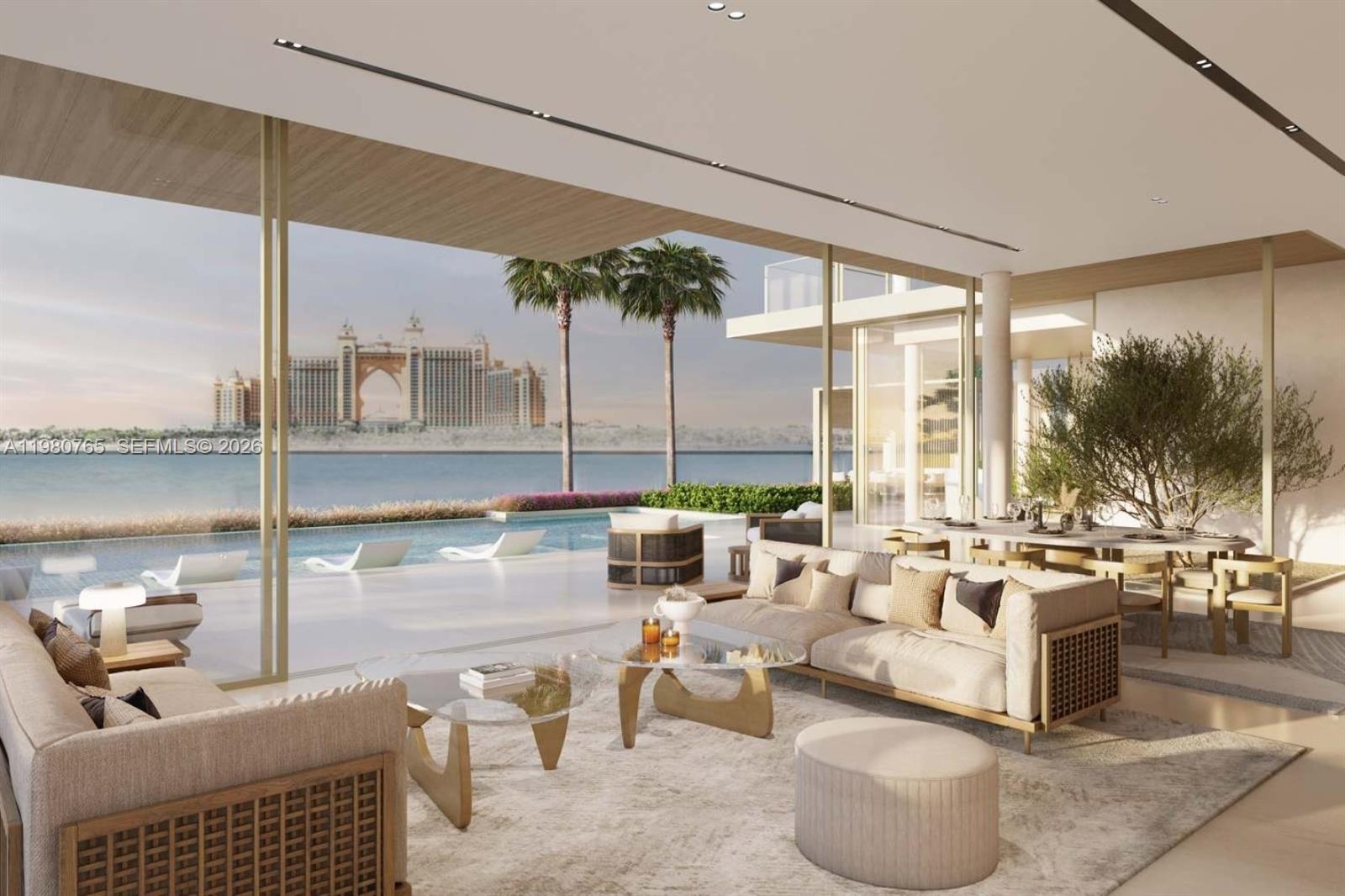 This rendering shows a modern living room with floor-to-ceiling windows overlooking a pool and resort — 501 East Crescent Road, Dubai, FL
