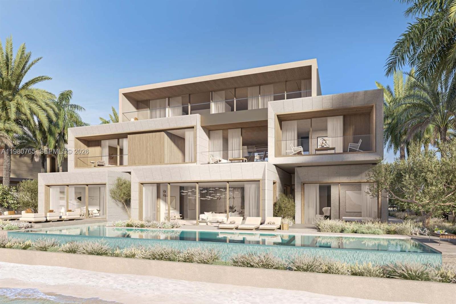 This is a rendering of a modern three-story villa featuring a private swimming pool — 501 East Crescent Road, Dubai, FL