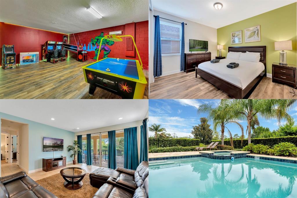 This collage shows a game room, bedroom, living area, and a backyard swimming pool — 7517 MARKER AVENUE, KISSIMMEE, FL