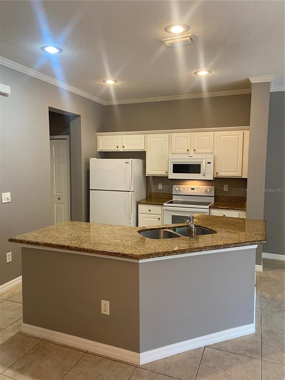 A kitchen features a granite-topped island, white cabinets, and white appliances against gray walls — 7441 ARLINGTON GROVE CIRCLE, TAMPA, FL