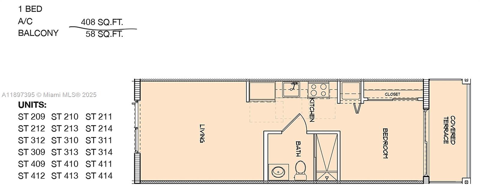 This is a floor plan for a one-bedroom apartment with a kitchen, bath, and terrace — 4100 SW 64th Ave # 314, Davie FL 33314, DAVIE, FL