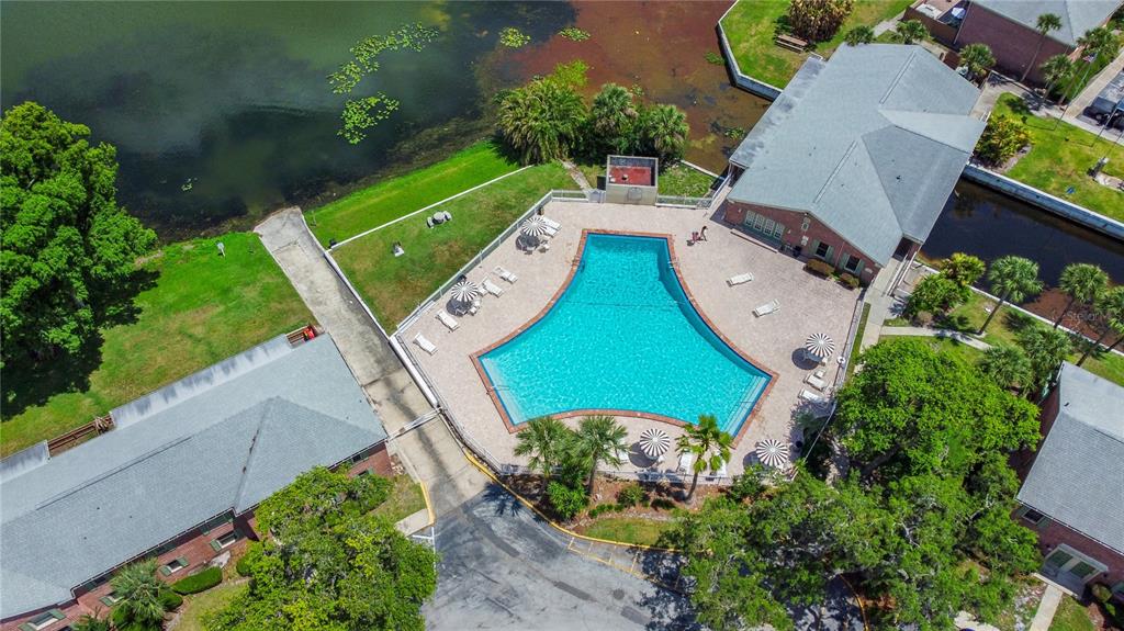 An aerial view of a community swimming pool surrounded by buildings and a lake — 116 GEORGETOWN DRIVE, CASSELBERRY, FL