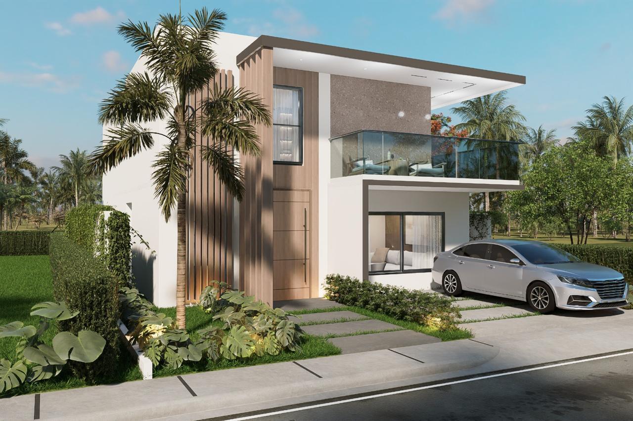A digital rendering of a modern two-story house with a balcony, wood accents, and driveway — Veron , Punta Cana Circunvalación De Verón - Bávaro # 1, FL