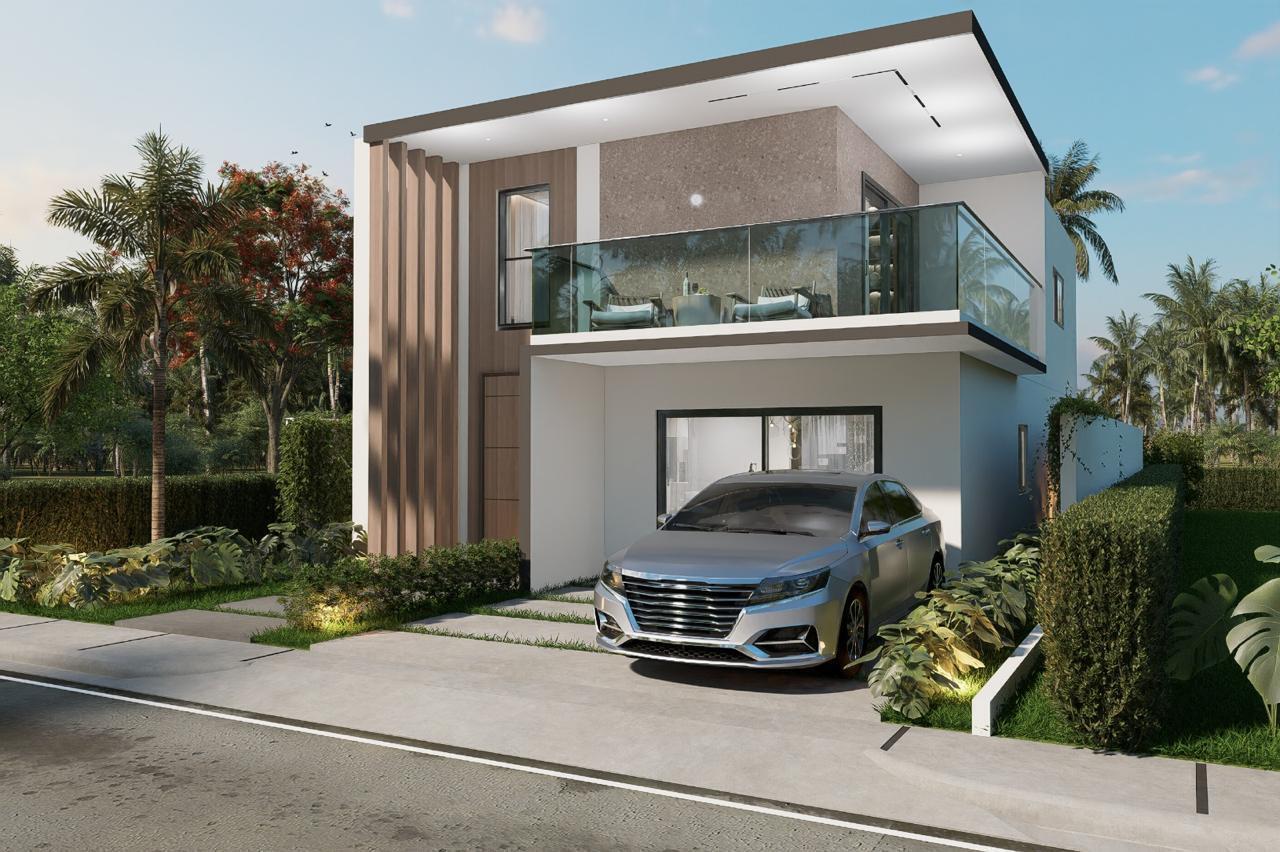 A digital rendering of a modern two-story house with a balcony and a parked car — Veron , Punta Cana Circunvalación De Verón - Bávaro # 1, FL