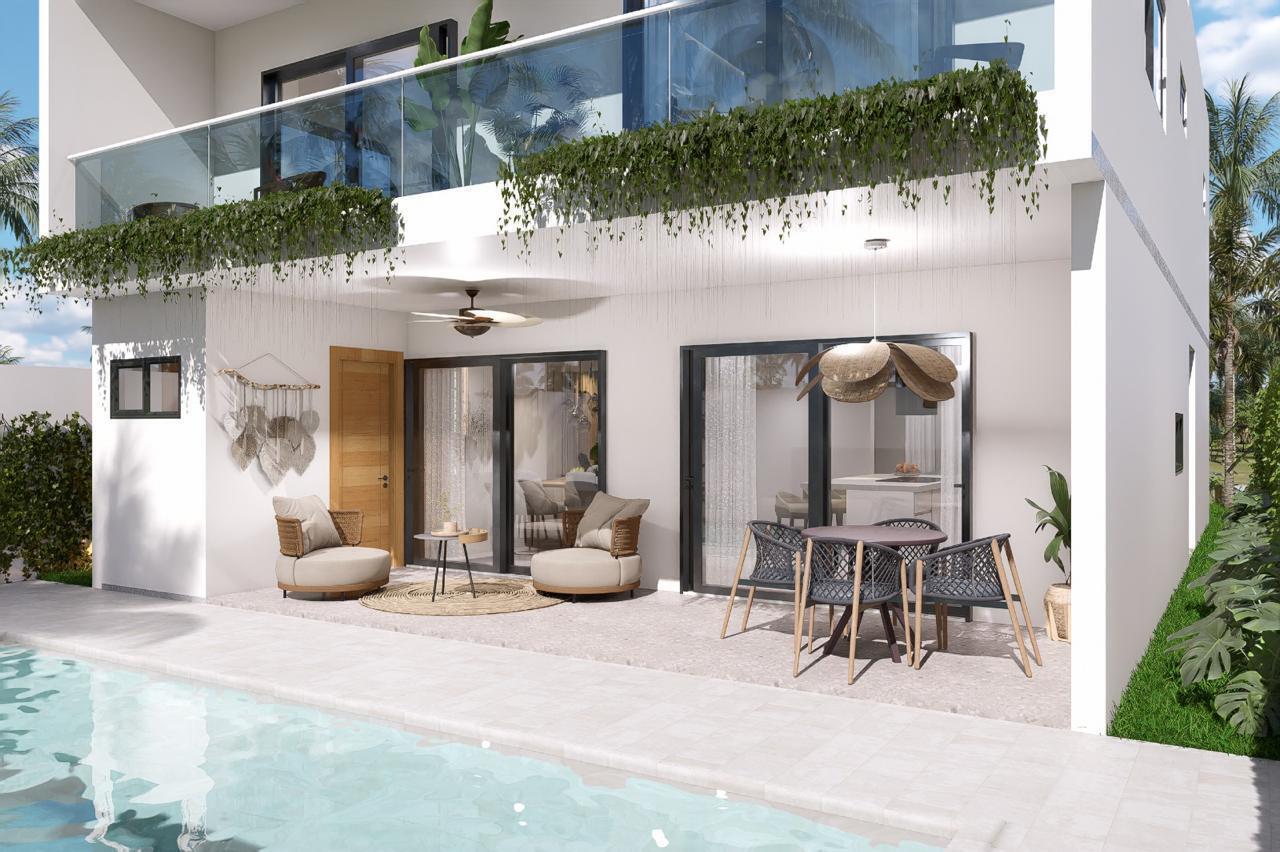 This architectural rendering shows a modern patio with outdoor furniture and a swimming pool — Veron , Punta Cana Circunvalación De Verón - Bávaro # 1, FL