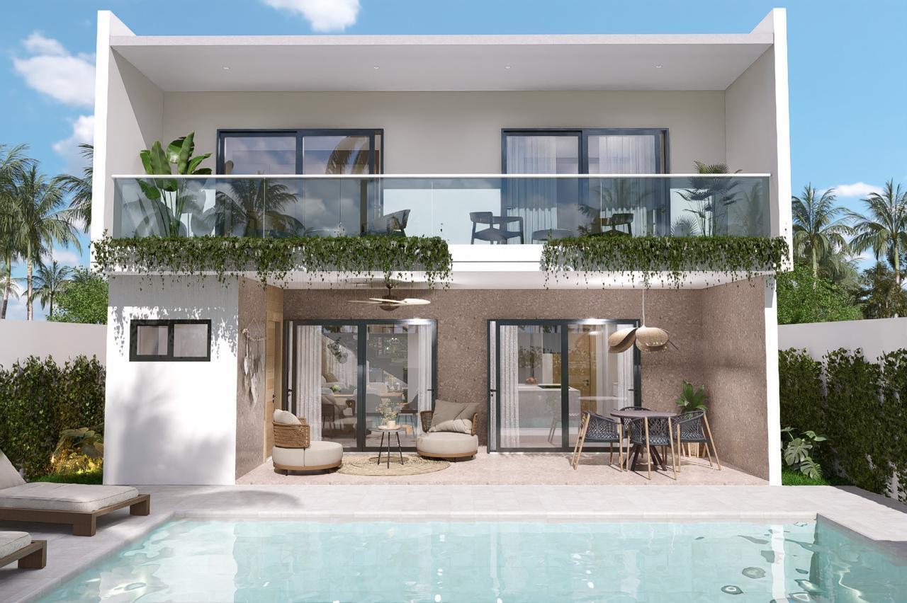 This architectural rendering shows a two-story house exterior with a pool, balcony, and patio — Veron , Punta Cana Circunvalación De Verón - Bávaro # 1, FL