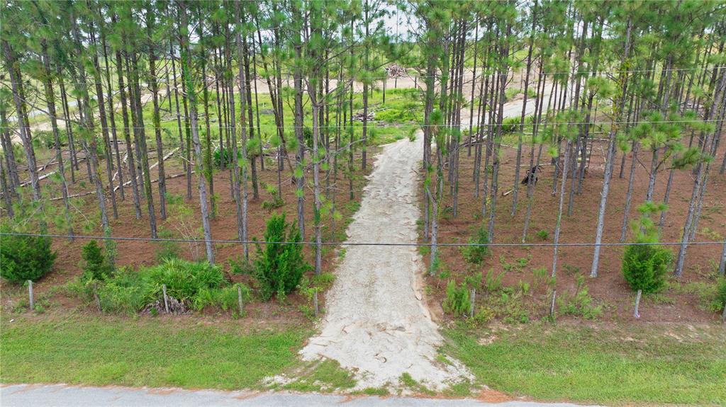 An aerial view shows a gravel driveway leading into a wooded lot from a road — 13070 CROWELL ROAD, BROOKSVILLE, FL