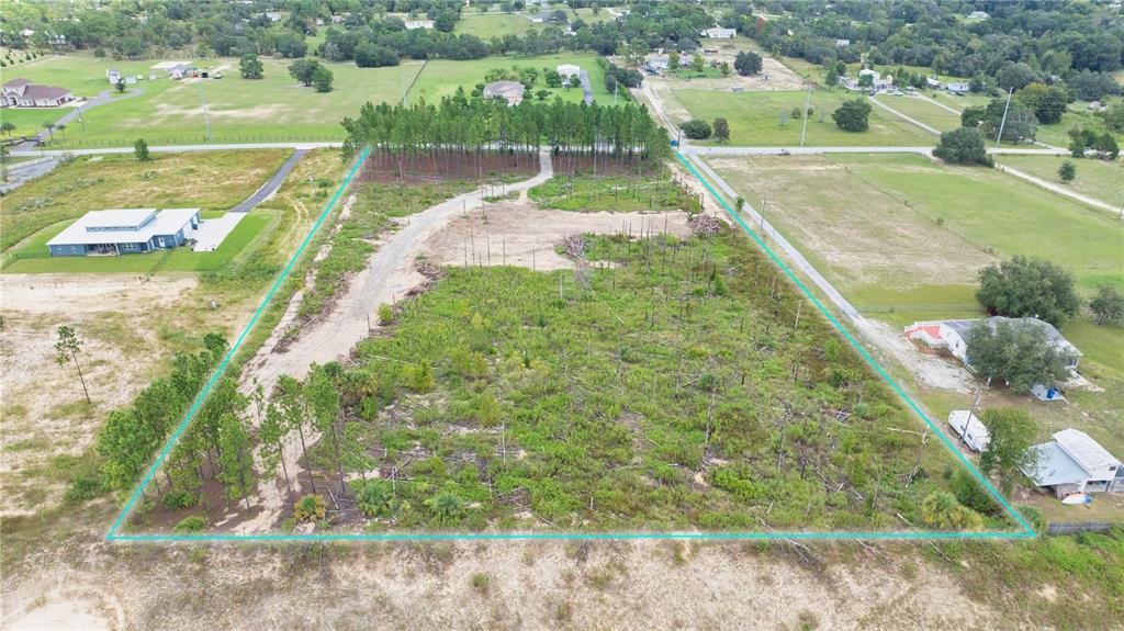 An aerial view shows a rectangular plot of land with scattered trees and a driveway — 13070 CROWELL ROAD, BROOKSVILLE, FL