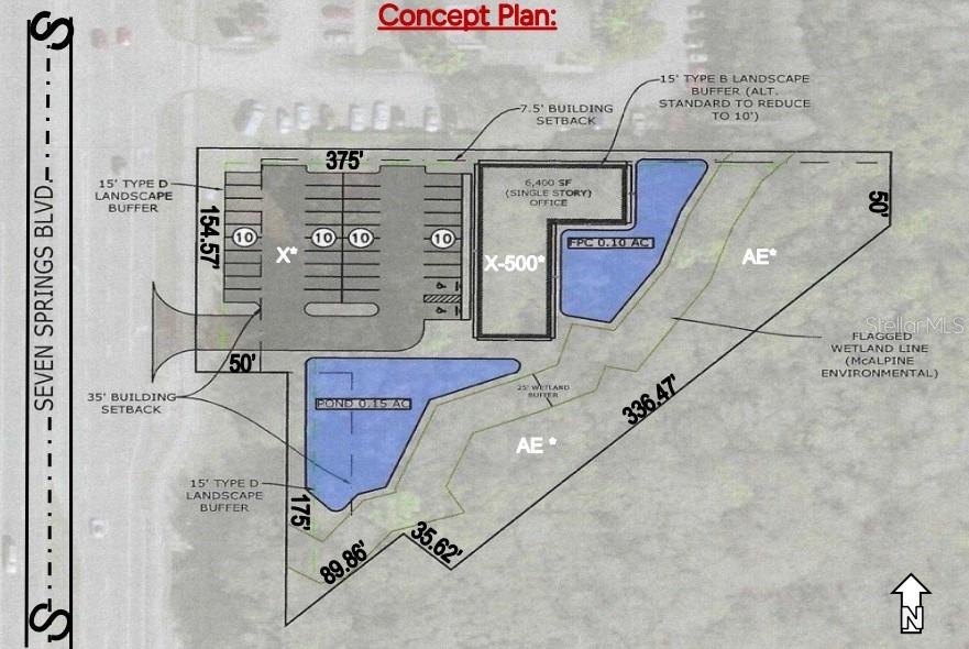This is a site concept plan showing a proposed office building, parking lot, and ponds — 0 SEVEN SPRINGS BLVD., NEW PORT RICHEY, FL