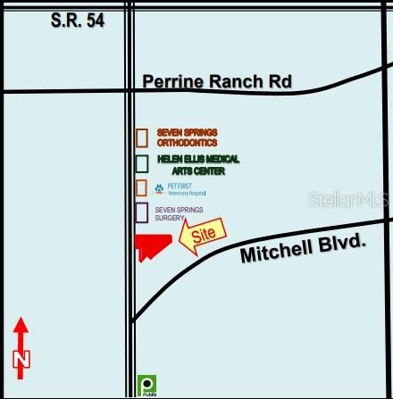 This map shows the location of a property site near Mitchell Boulevard and Perrine Ranch Road — 0 SEVEN SPRINGS BLVD., NEW PORT RICHEY, FL