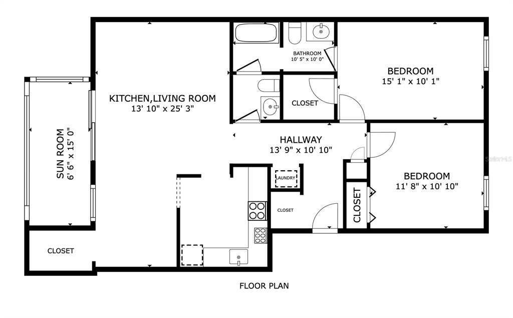 This is a floor plan of a two-bedroom apartment with a sunroom and one bathroom — 637 SILVER PASS UNIT B, OCALA, FL