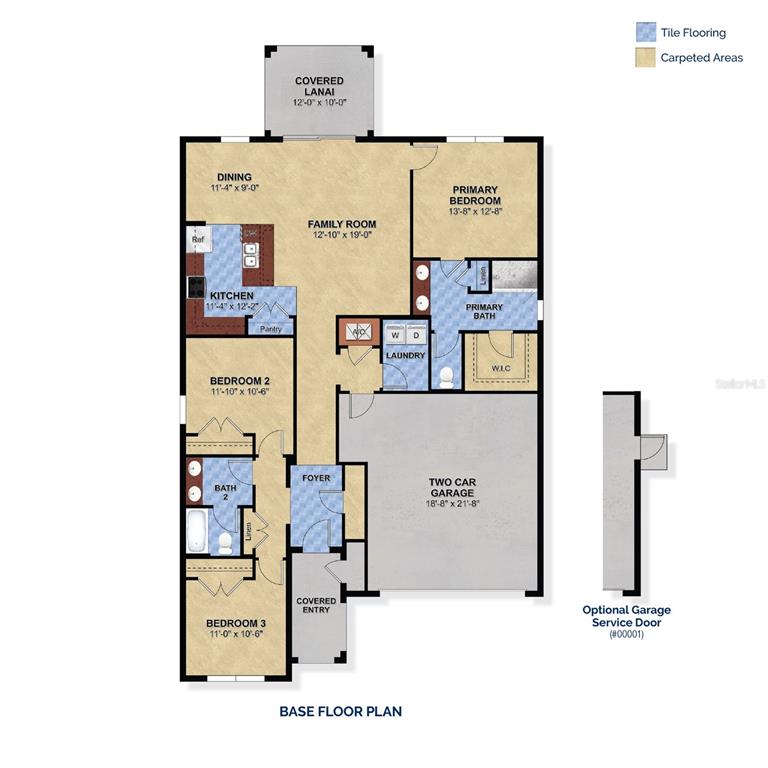 This floor plan shows a three-bedroom home with a two-car garage and covered lanai — 6837 SERPENT HAWK LANE, HOWEY IN THE HILLS, FL