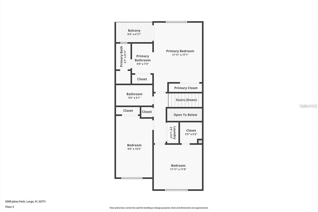 This is a floor plan for the second level of a residential home — 9209 JAKES PATH, LARGO, FL