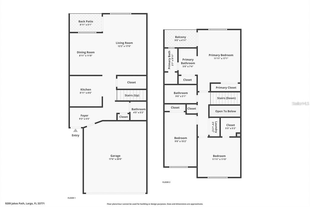 This is a two-story floor plan showing the layout of a residential home — 9209 JAKES PATH, LARGO, FL