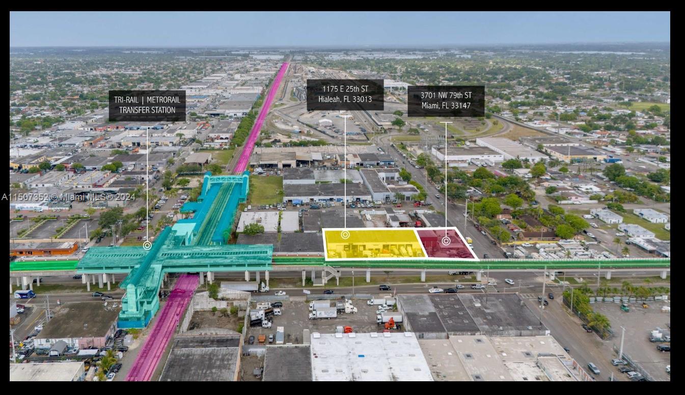 An aerial view shows two adjacent commercial buildings located next to a transit station — 3701 NW 79th St, Hialeah FL 33147, HIALEAH, FL