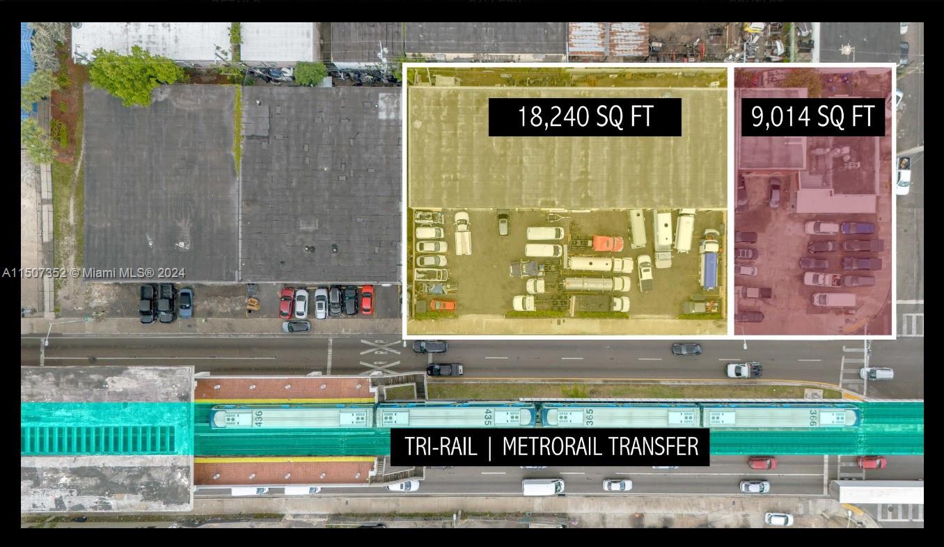 Aerial view of two adjacent commercial properties located next to a Tri-Rail and Metrorail station — 3701 NW 79th St, Hialeah FL 33147, HIALEAH, FL