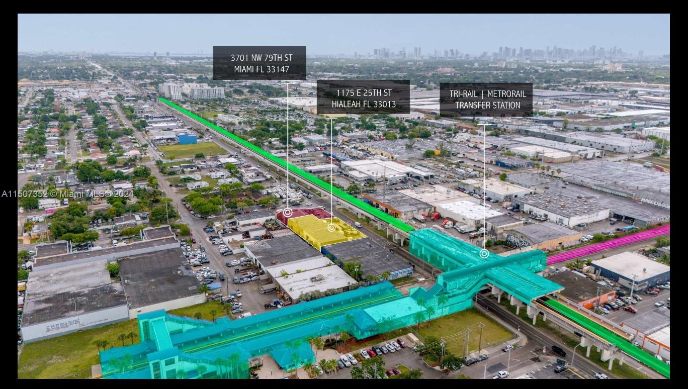 An aerial view shows a commercial building highlighted in yellow next to a transit station — 3701 NW 79th St, Hialeah FL 33147, HIALEAH, FL