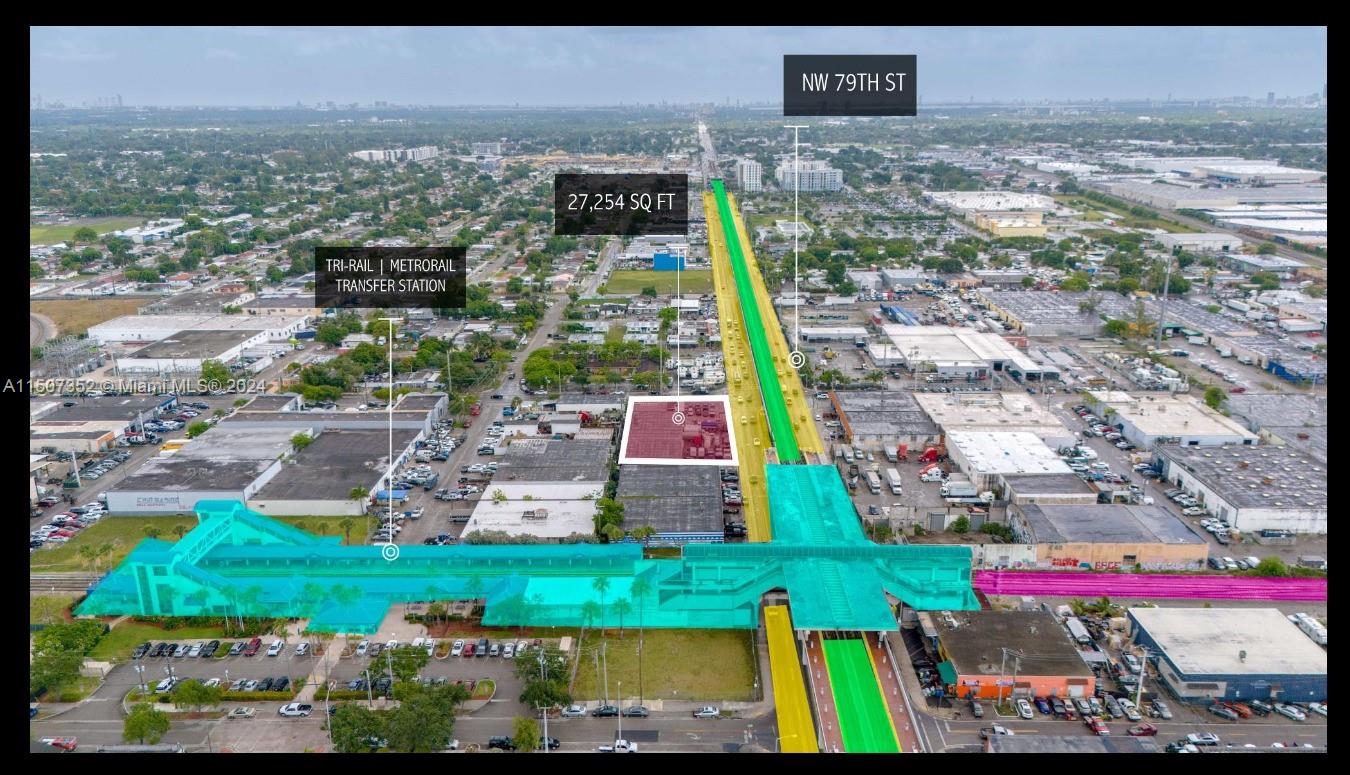 An aerial view shows a highlighted property lot near the Tri-Rail and Metrorail transfer station — 3701 NW 79th St, Hialeah FL 33147, HIALEAH, FL