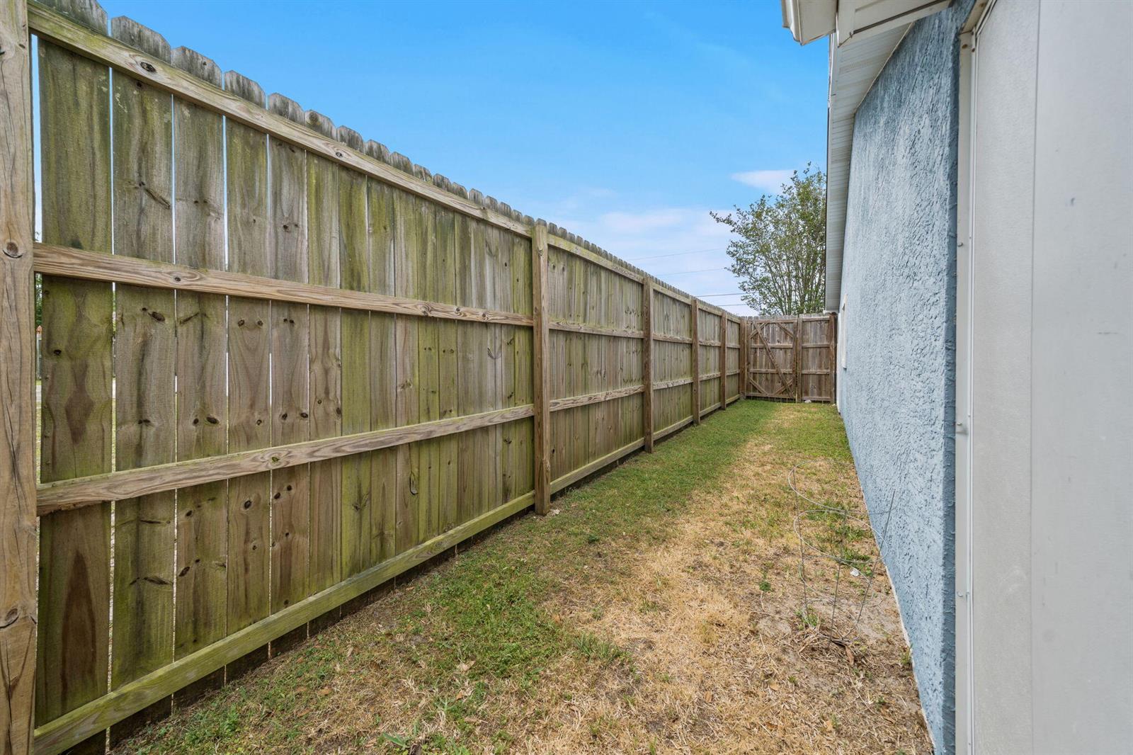 A narrow side yard features a wooden privacy fence running alongside a blue stucco house — 1407 Rhode Island Avenue, FL 32444, FL