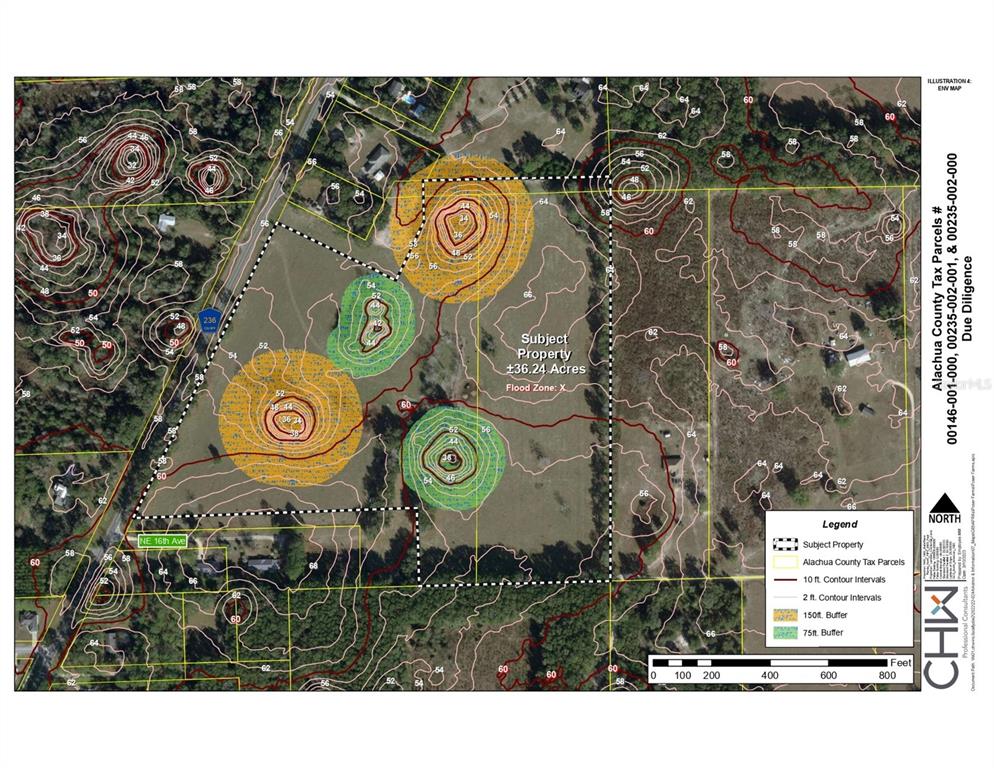 This is a topographic map of a 36.24-acre property showing contour lines and buffers — 23137 NW COUNTY ROAD 236, HIGH SPRINGS, FL