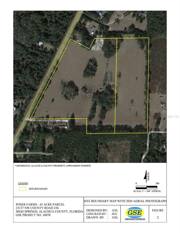This is a site boundary map showing a 45-acre parcel with a 2020 aerial photograph — 23137 NW COUNTY ROAD 236, HIGH SPRINGS, FL