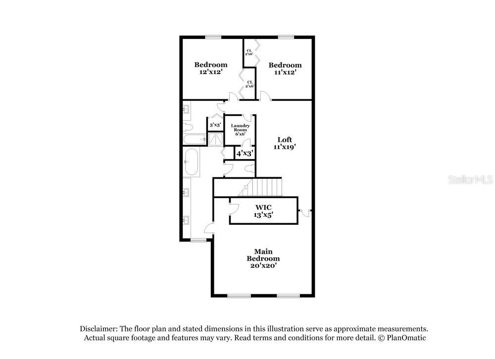 This is a floor plan of an upper level featuring three bedrooms, a loft, and laundry — 2123 CERULEAN SKY DRIVE, LUTZ, FL