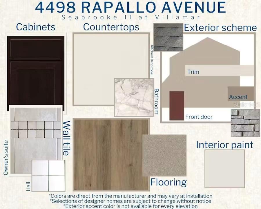 This design board displays interior and exterior finish selections including cabinetry, countertops, flooring, and paint — 4498 RAPALLO AVENUE E, WINTER HAVEN, FL