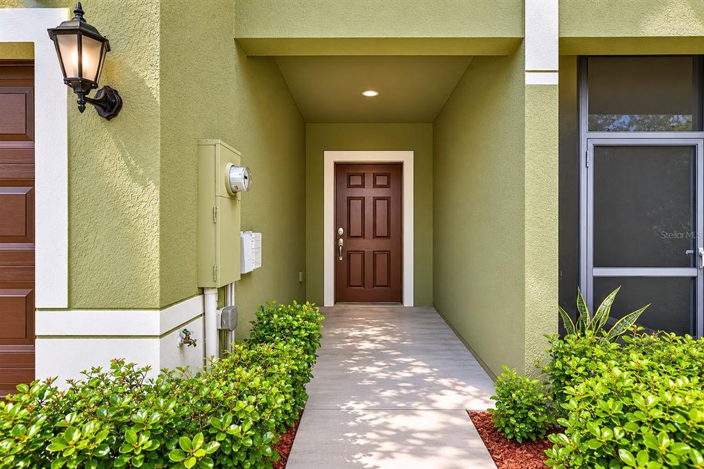 A brown front door is centered at the end of a concrete walkway — 2224 GOLDEN FALCON DRIVE, RUSKIN, FL