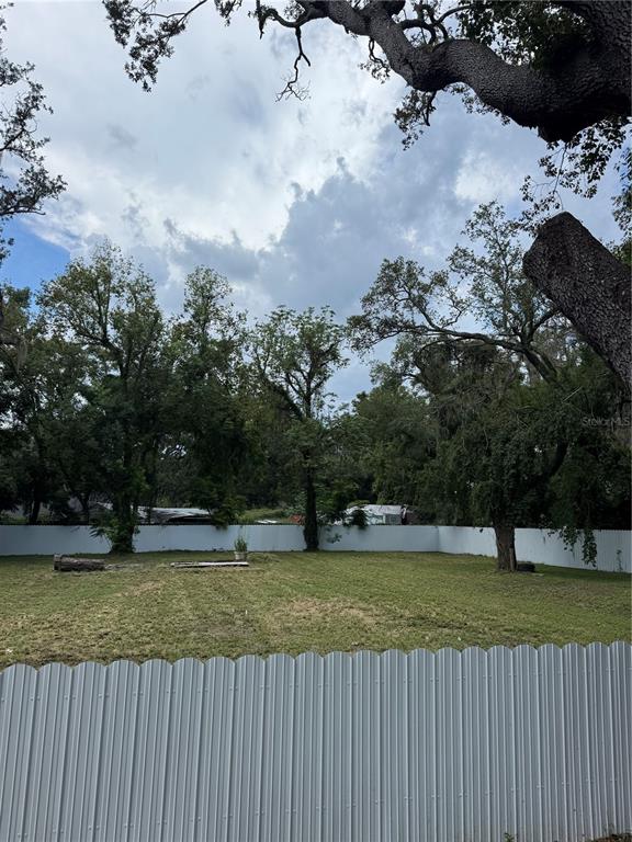 A grassy backyard is enclosed by a white metal fence with several large trees — KEUKA AVENUE, LEESBURG, FL