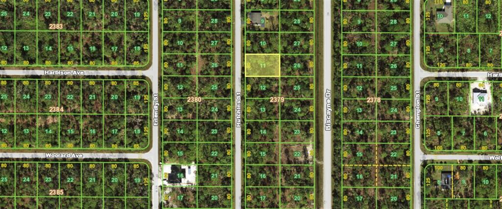 This is a map showing a grid of undeveloped residential land lots — 460 HUTCHINS STREET, PORT CHARLOTTE, FL