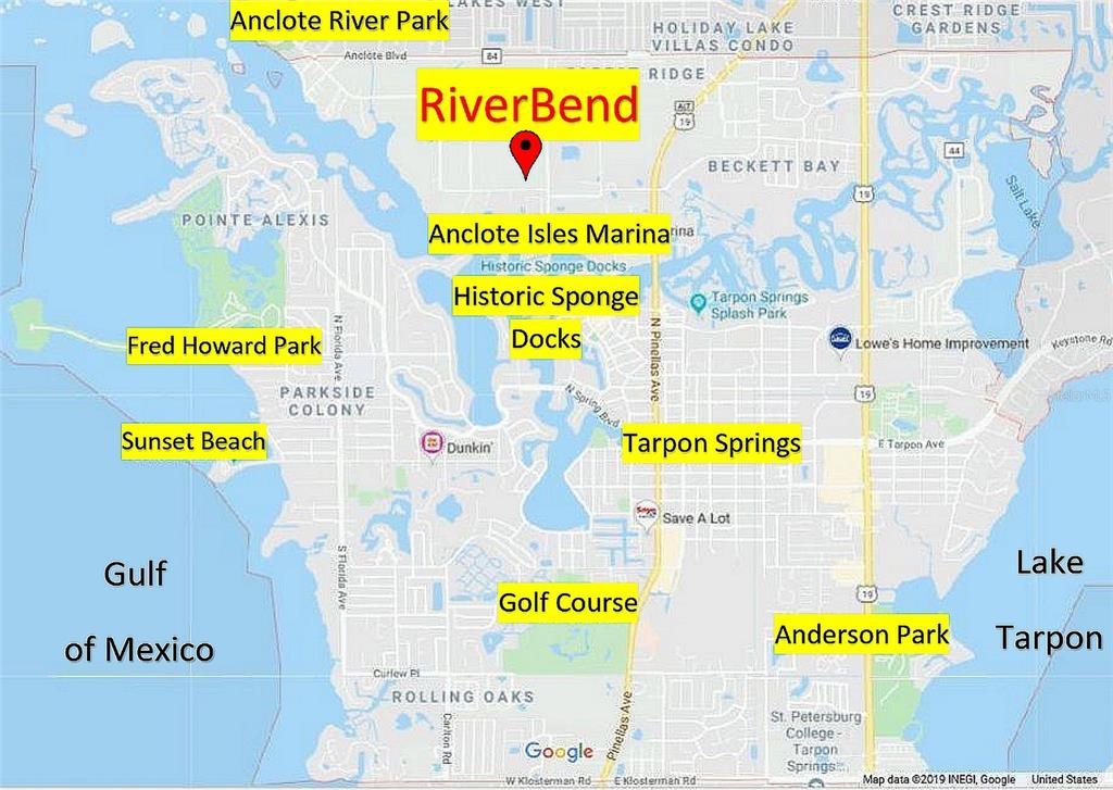 This is a map showing the location of RiverBend in relation to Tarpon Springs landmarks — 435 BRADY ROAD, TARPON SPRINGS, FL