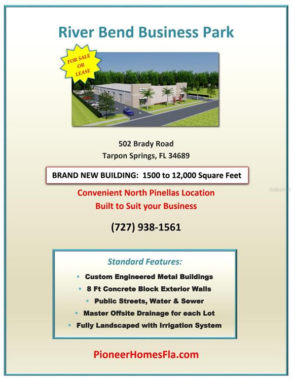A digital rendering shows a new commercial building with a parking lot and landscaping — 435 BRADY ROAD, TARPON SPRINGS, FL
