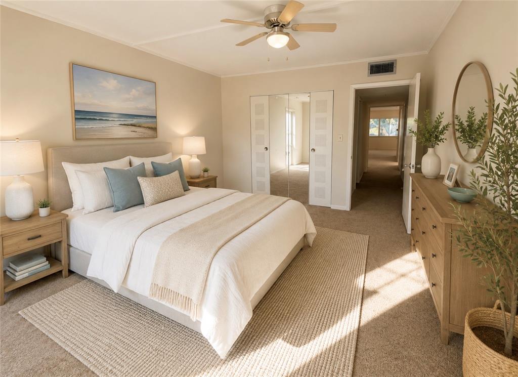 A bedroom features a bed with blue pillows, a dresser, a mirror, and a ceiling fan — 1655 S HIGHLAND AVENUE UNIT D238, CLEARWATER, FL