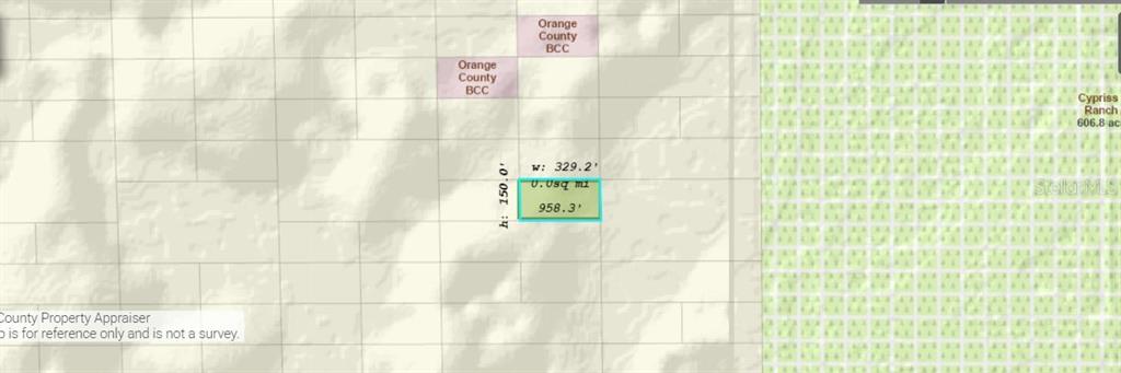 This is a map showing a highlighted rectangular land parcel with its dimensions labeled — DILL ROAD, ORLANDO, FL