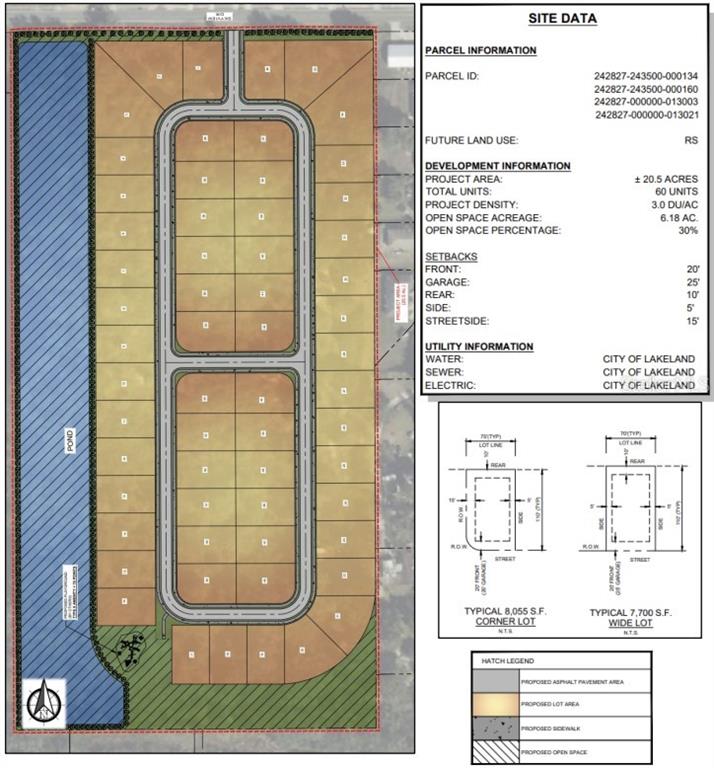 This site plan rendering shows a residential subdivision layout with sixty lots and a pond — SKYVIEW DRIVE, LAKELAND, FL