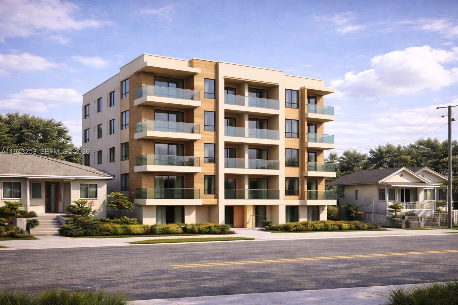 This is a rendering of a modern four-story apartment building with balconies and wood accents — 3240 NW 3rd Ave, Miami FL 33127, MIAMI, FL