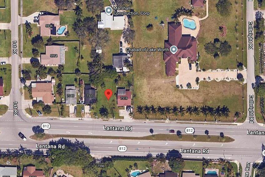 This is an aerial map view of a residential property lot along a main road — 7325 Lantana Road, Lake Worth FL 33467, LAKE WORTH, FL