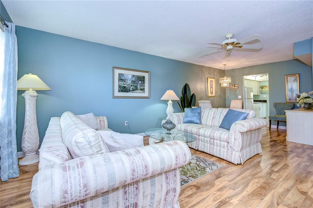 A living room with blue walls, two striped sofas, a glass coffee table, and wood flooring — 1893 SHORE DRIVE S UNIT 206, SOUTH PASADENA, FL