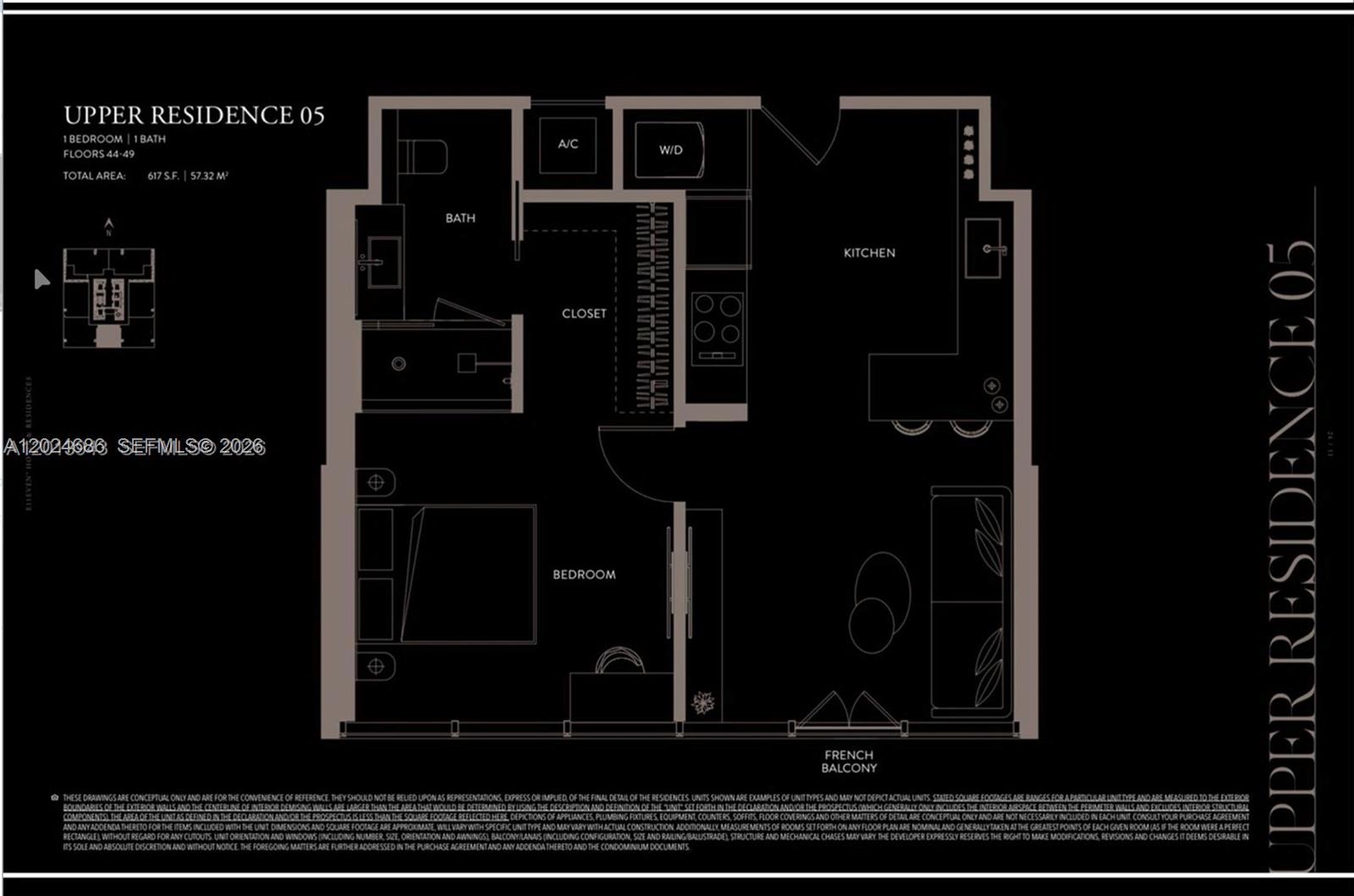 This is a floor plan for a one-bedroom, one-bathroom apartment with a French balcony — 20 NE 11 ST # 4501, Miami FL 33132, MIAMI, FL