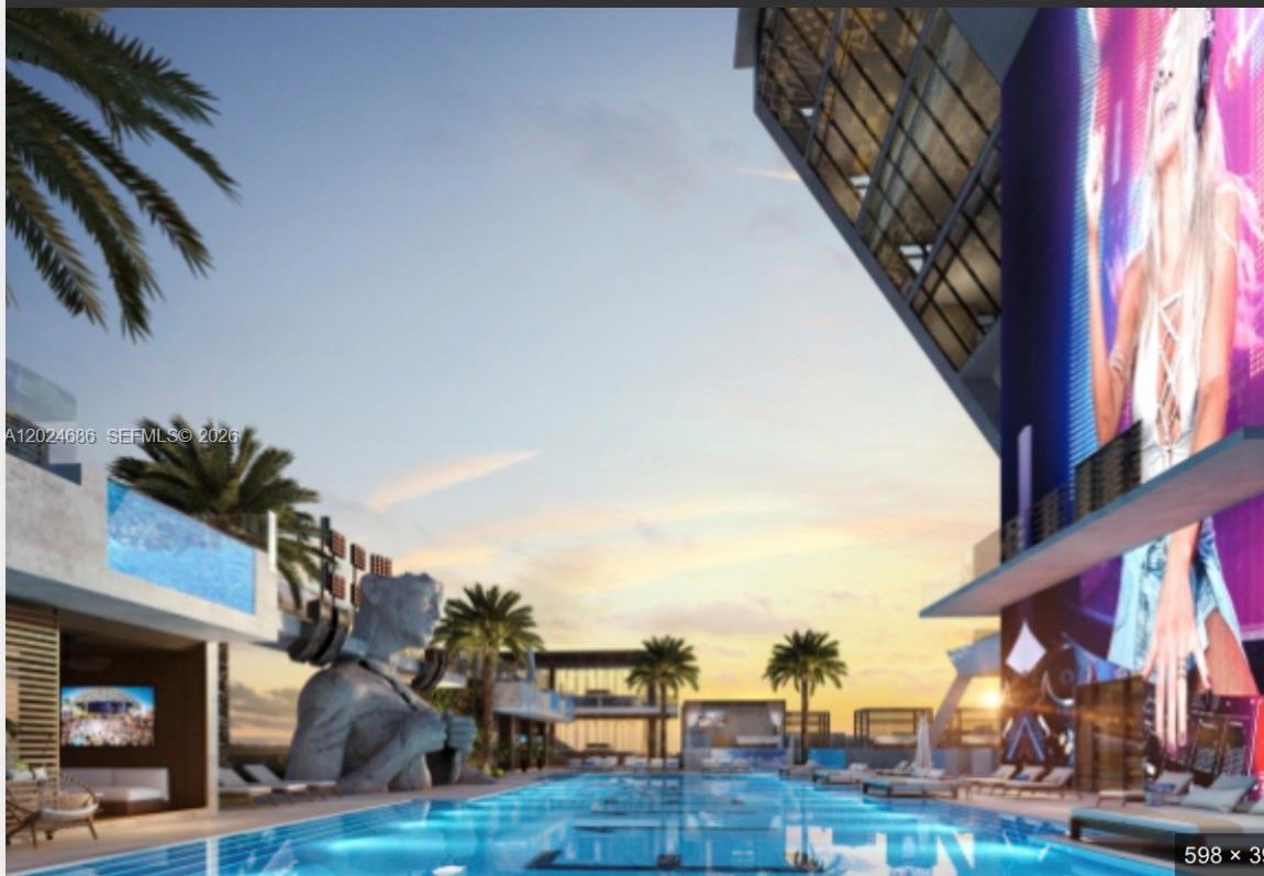 This is a rendering of a modern outdoor swimming pool area with a large statue — 20 NE 11 ST # 4501, Miami FL 33132, MIAMI, FL