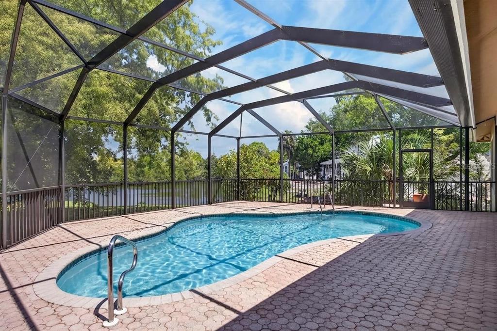 A screened-in pool enclosure with a kidney-shaped pool overlooking a lake and trees — 7214 HENDRY CREEK DRIVE, FORT MYERS, FL