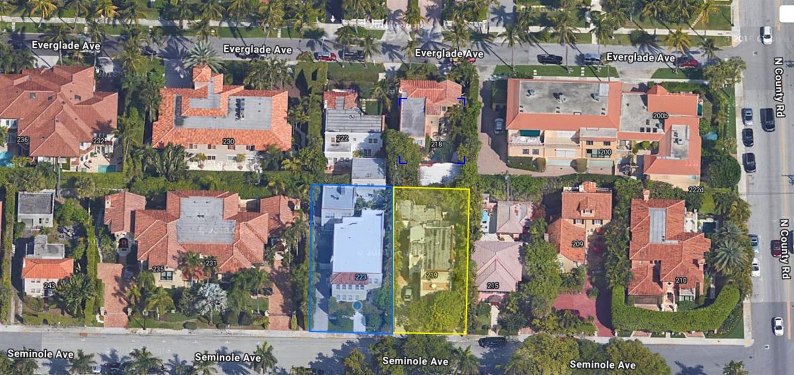 This aerial map shows residential properties located between Everglade Avenue and Seminole Avenue — 219 Seminole Avenue, Palm Beach FL 33480, PALM BEACH, FL