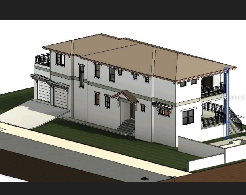 This is a digital architectural rendering of a two-story house with a garage and balconies — 600 JUNGLE QUEEN WAY, LONGBOAT KEY, FL
