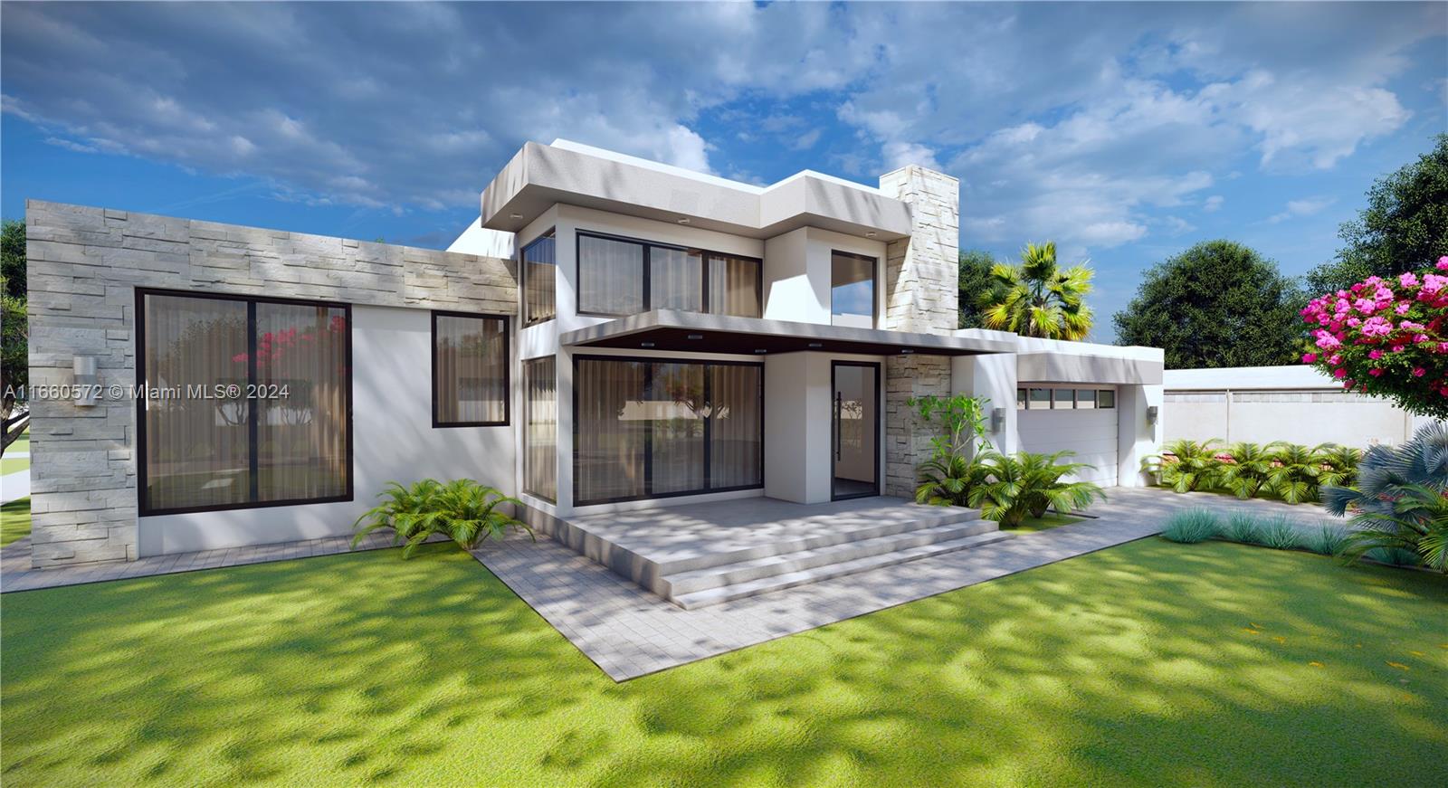 This is a digital rendering of a modern two-story house with stone accents and landscaping — 212 NE 1st St, Dania Beach FL 33004, DANIA BEACH, FL