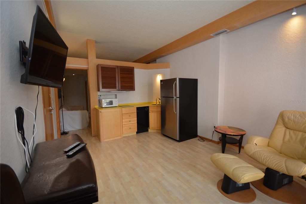 A studio apartment featuring a kitchenette, light wood flooring, a television, and a leather chair — 101 PALM HARBOR PARKWAY UNIT A202, PALM COAST, FL