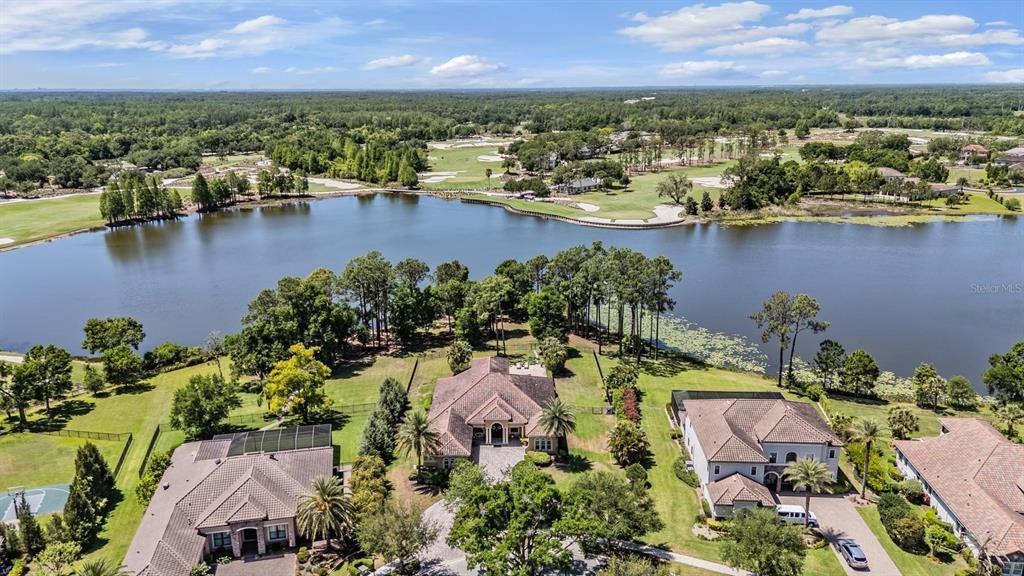 An aerial view shows three large houses situated along the edge of a lake — 9134 TILLINGHAST DRIVE, TAMPA, FL