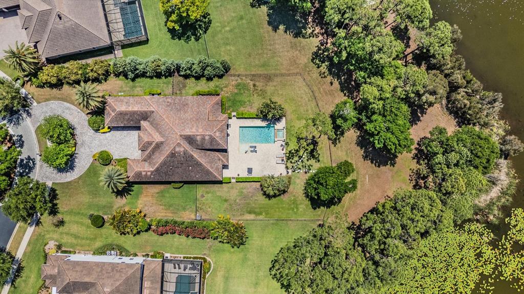 An aerial view shows a house with a tiled roof, pool, and large backyard near water — 9134 TILLINGHAST DRIVE, TAMPA, FL